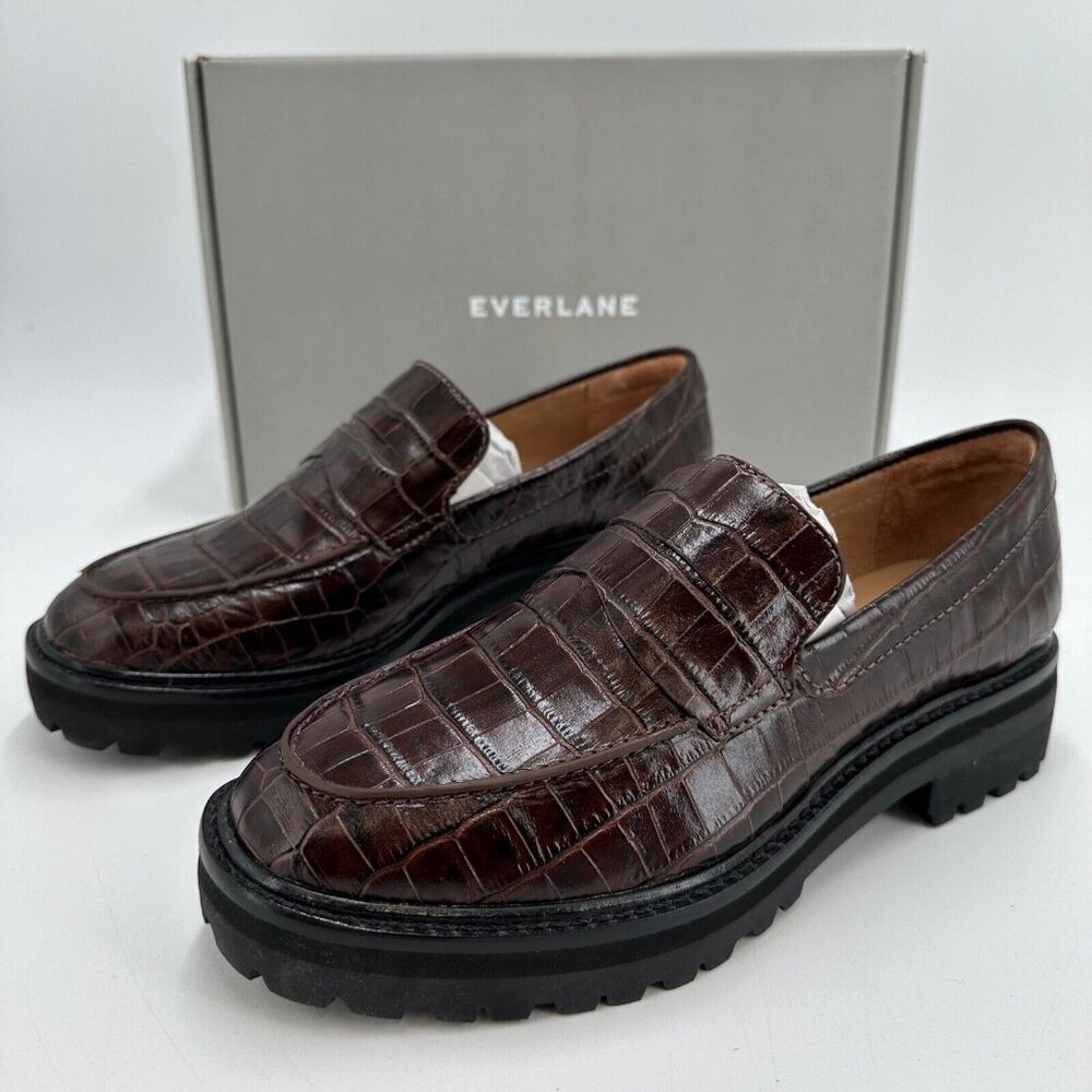 Everlane The Lug Loafer in Brown Crocodile Leather sz 11 Women's Chunky Heel